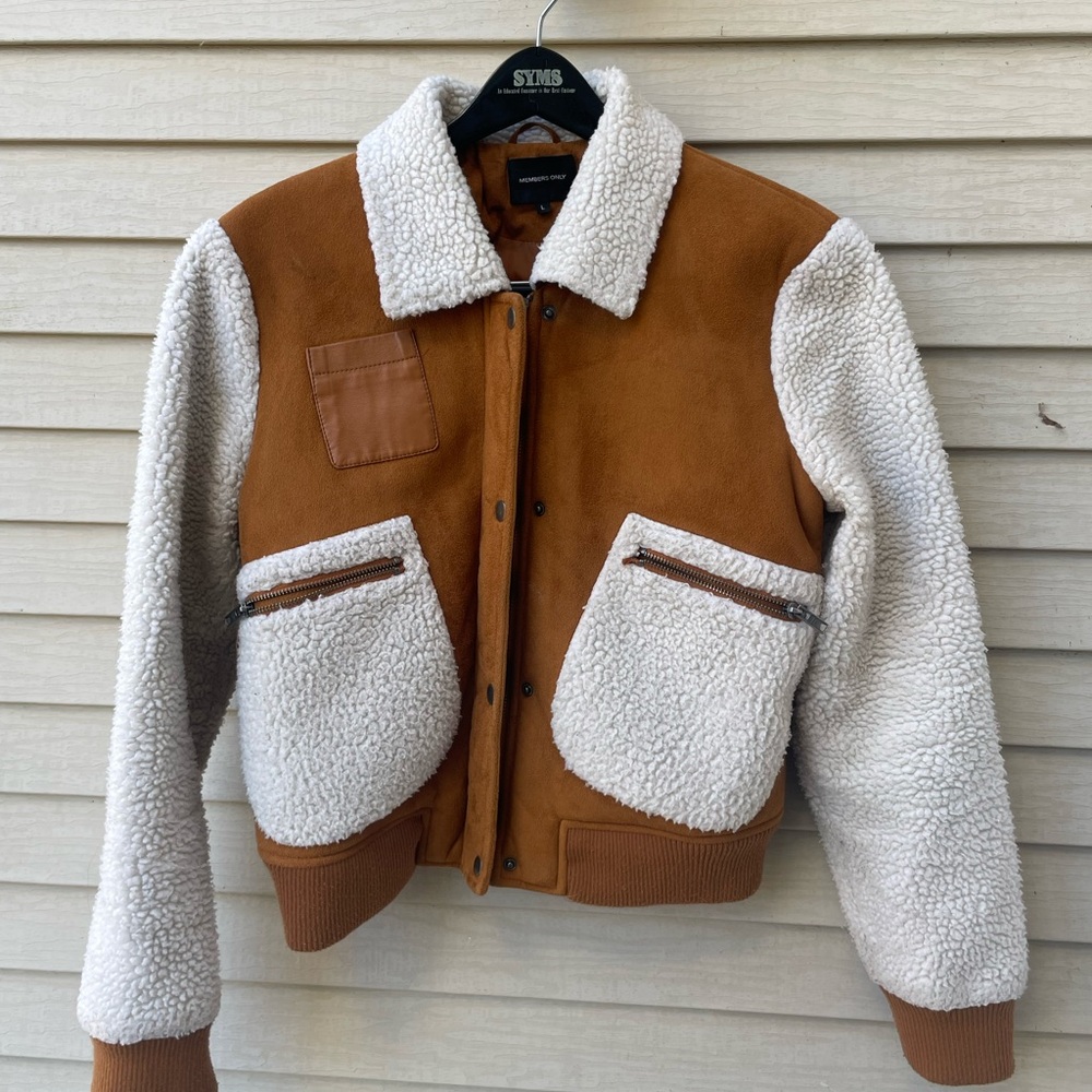 Members Only cropped faux suede bomber jacket with sherpa accents